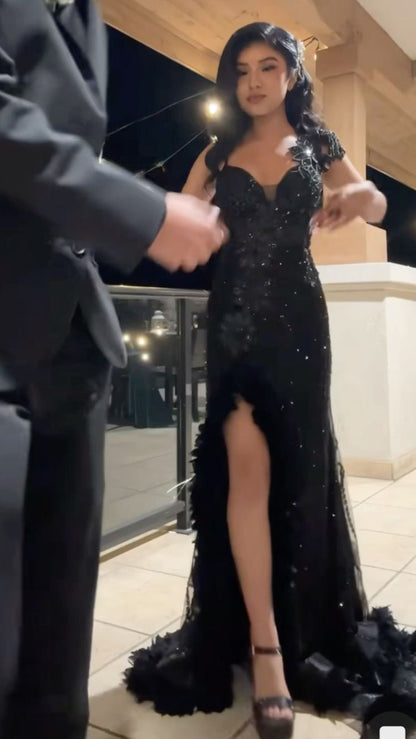 Gorgeous Mermaid Black Spaghetti Straps Tulle Sequin Slit Without Sleeves Long Prom Dress,Evening Dress GG5286