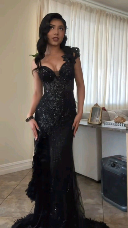 Gorgeous Mermaid Black Spaghetti Straps Tulle Sequin Slit Without Sleeves Long Prom Dress,Evening Dress GG5286