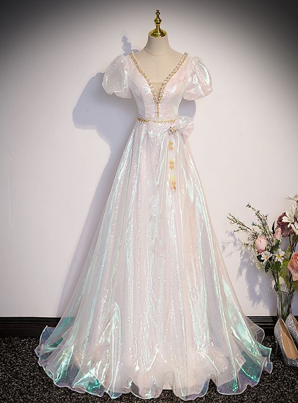 Shiny A Line White V Neck Tulle Puff Sleeve Long Prom Dress,Evening Dress GG529