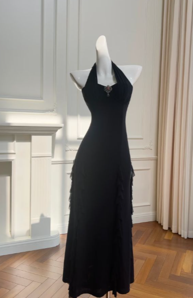 Pretty A Line Black Halter Satin Chiffon Ruffle Without Sleeves Long Prom Dress,Evening Dress GG5296