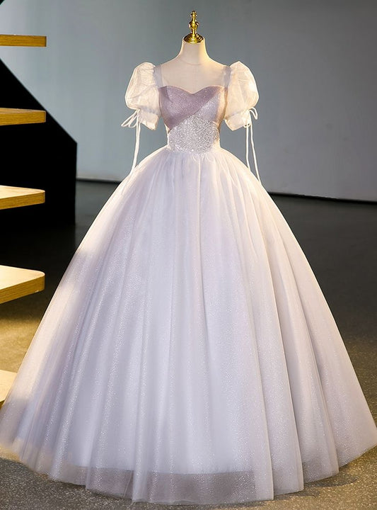 Elegant Ball Gown Sweetheart Light Pink Tulle Beaded Puff Sleeve Long Prom Dress,Evening Dress GG530