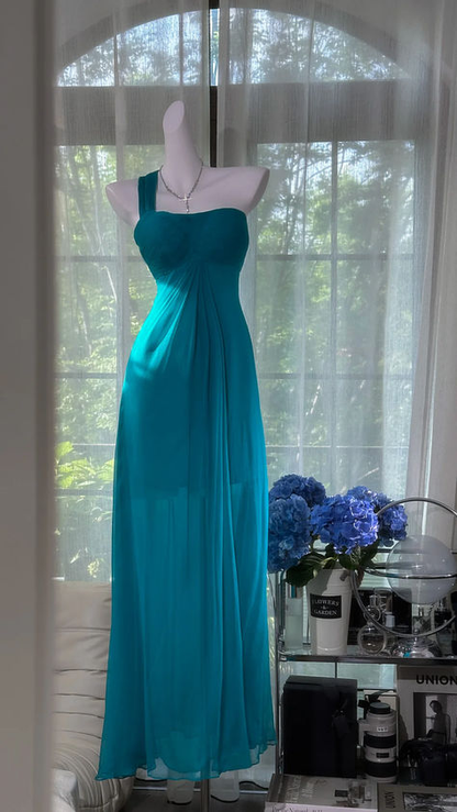 Classy A Line One Shoulder Turquoise Chiffon Without Sleeves Long Prom Dress,Evening Dress GG5300