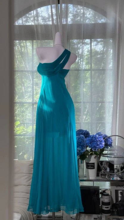 Classy A Line One Shoulder Turquoise Chiffon Without Sleeves Long Prom Dress,Evening Dress GG5300