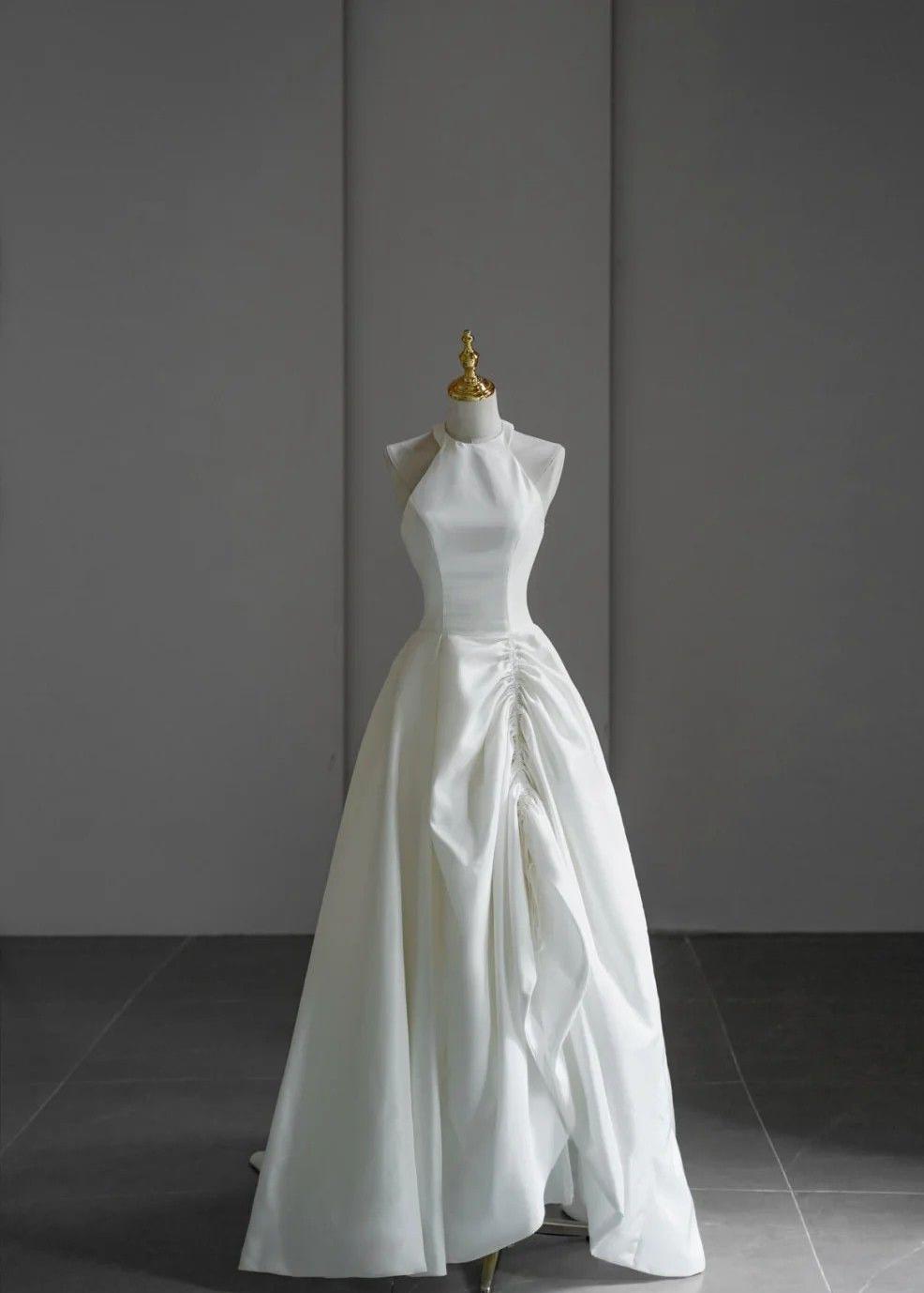 Elegant A Line Halter White Satin Without Sleeves Long Prom Dress,Evening Dress GG5306