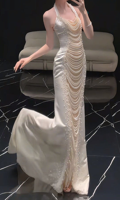 Gorgeous Mermaid Halter Satin Pearls Without Sleeves Long Prom Dress,Evening Dress GG5307