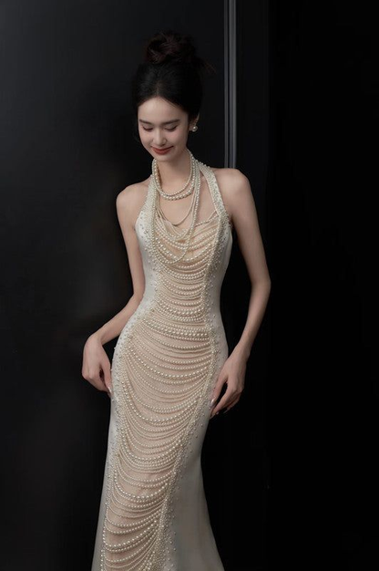 Gorgeous Mermaid Halter Satin Pearls Without Sleeves Long Prom Dress,Evening Dress GG5307