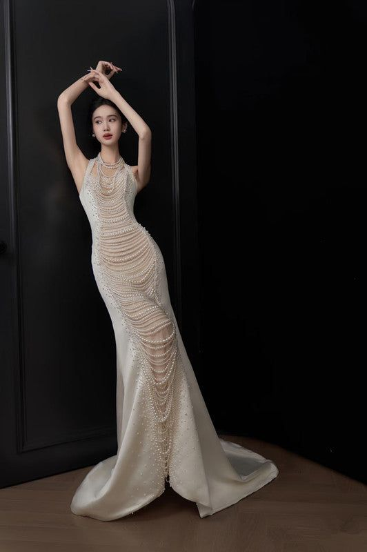 Gorgeous Mermaid Halter Satin Pearls Without Sleeves Long Prom Dress,Evening Dress GG5307