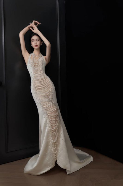 Gorgeous Mermaid Halter Satin Pearls Without Sleeves Long Prom Dress,Evening Dress GG5307