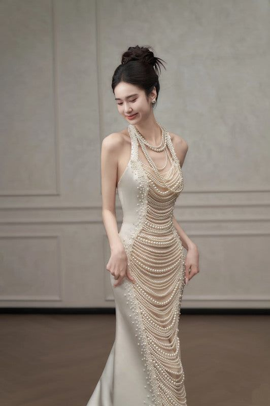 Gorgeous Mermaid Halter Satin Pearls Without Sleeves Long Prom Dress,Evening Dress GG5307