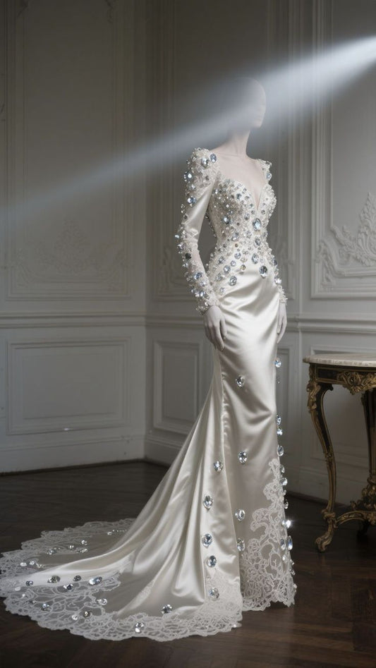 Gorgeous Mermaid Sweetheart Satin Lace Beaded With Long Sleeves Long Prom Dress,Evening Dress GG5308