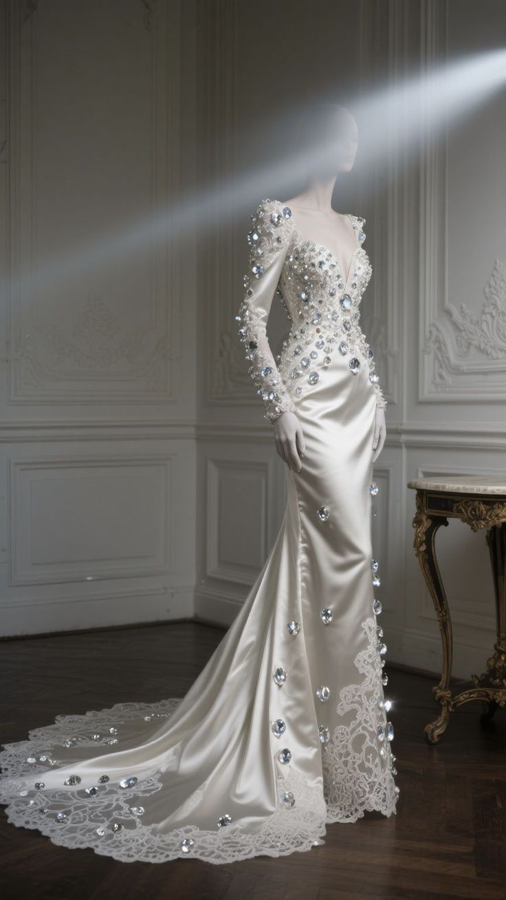 Gorgeous Mermaid Sweetheart Satin Lace Beaded With Long Sleeves Long Prom Dress,Evening Dress GG5308