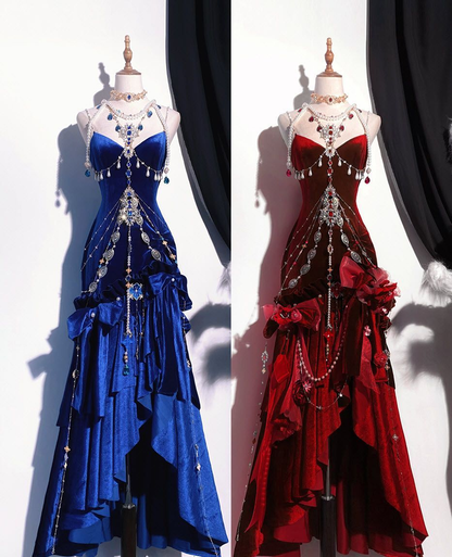 Gorgeous Mermaid Spaghetti Straps Velvet Beaded Without Shawl Long Prom Dress,Evening Dress GG5311