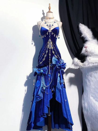 Gorgeous Mermaid Spaghetti Straps Velvet Beaded Without Shawl Long Prom Dress,Evening Dress GG5311