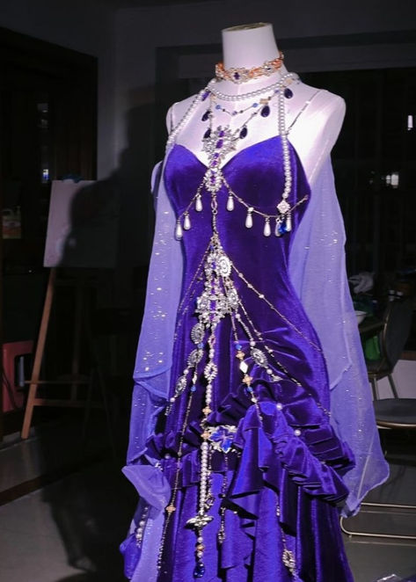 Gorgeous Mermaid Spaghetti Straps Velvet Beaded Without Shawl Long Prom Dress,Evening Dress GG5311