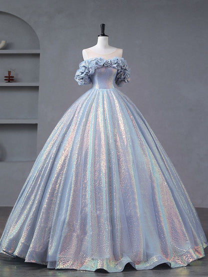 Glitter Ball Gown Off The Shoulder Blue Purple Tulle Sequin Long Prom Dress,Evening Dress GG532
