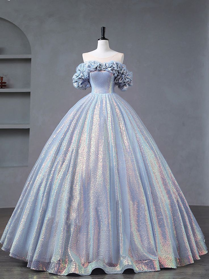 Glitter Ball Gown Off The Shoulder Blue Purple Tulle Sequin Long Prom Dress,Evening Dress GG532