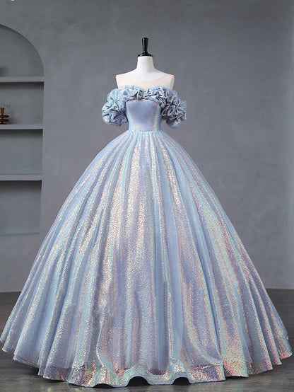 Glitter Ball Gown Off The Shoulder Blue Purple Tulle Sequin Long Prom Dress,Evening Dress GG532