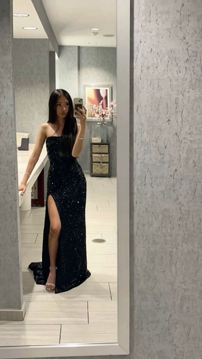 Fashion Style Mermaid Strapless Black Sequin Slit Without Sleeves Long Prom Dress,Evening Dress GG5323
