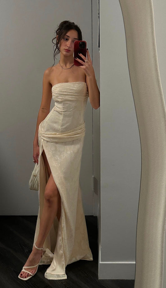 Classic Mermaid Strapless Satin Lace Slit Without Sleeves Long Prom Dress,Evening Dress GG5329