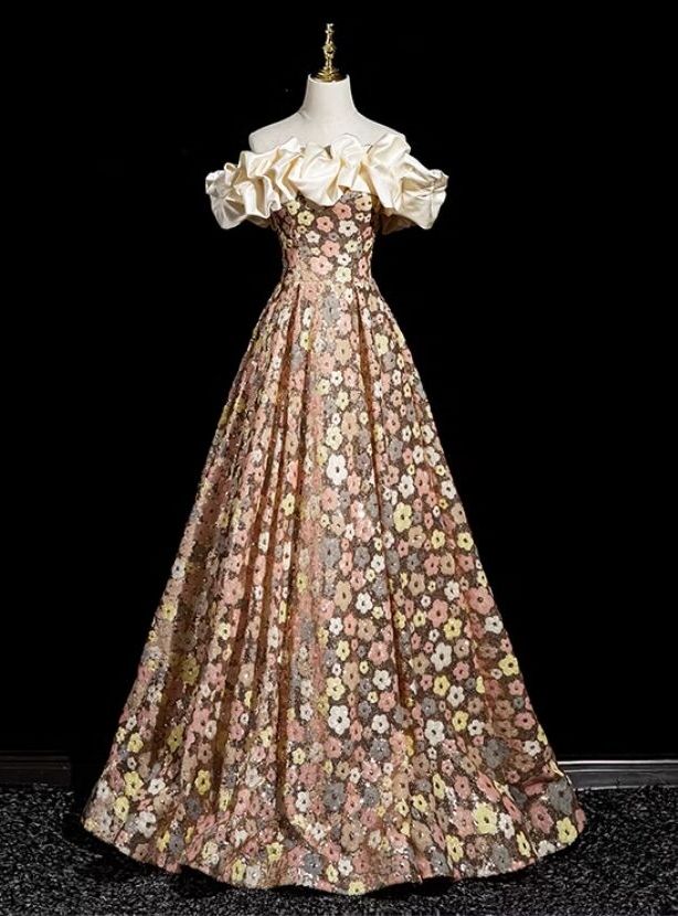 Colorful A Line Off The Shoulder Flower Sequins Satin Long Prom Dress,Evening Dress GG533