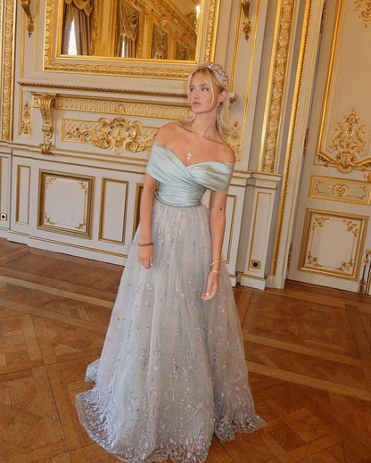 Princess A Line Off The Shoulder Satin Tulle Lace Without Sleeves Long Prom Dress,Evening Dress GG5330