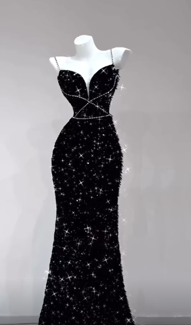 Sparkly Black Mermaid Spaghetti Straps Satin Sequin Beaded Without Sleeves Long Prom Dress,Evening Dress GG5332