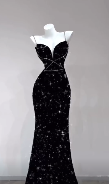 Sparkly Black Mermaid Spaghetti Straps Satin Sequin Beaded Without Sleeves Long Prom Dress,Evening Dress GG5332