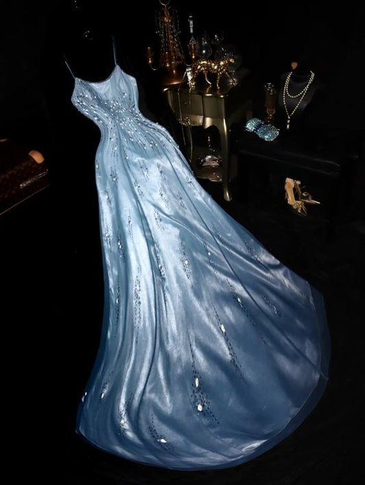 Princess A Line Spaghetti Straps Satin Beaded Without Sleeves Long Prom Dress,Evening Dress GG5335