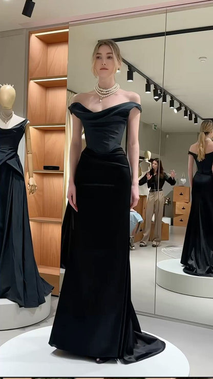 Elegant Mermaid Off The Shoulder Black Satin Without Sleeves Long Prom Dress,Evening Dress GG5337