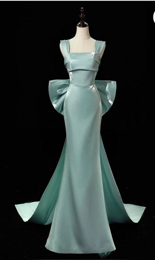 Tiffany Blue Mermaid Square Satin Back With Bow Without Sleeves Long Prom Dress,Evening Dress GG5340