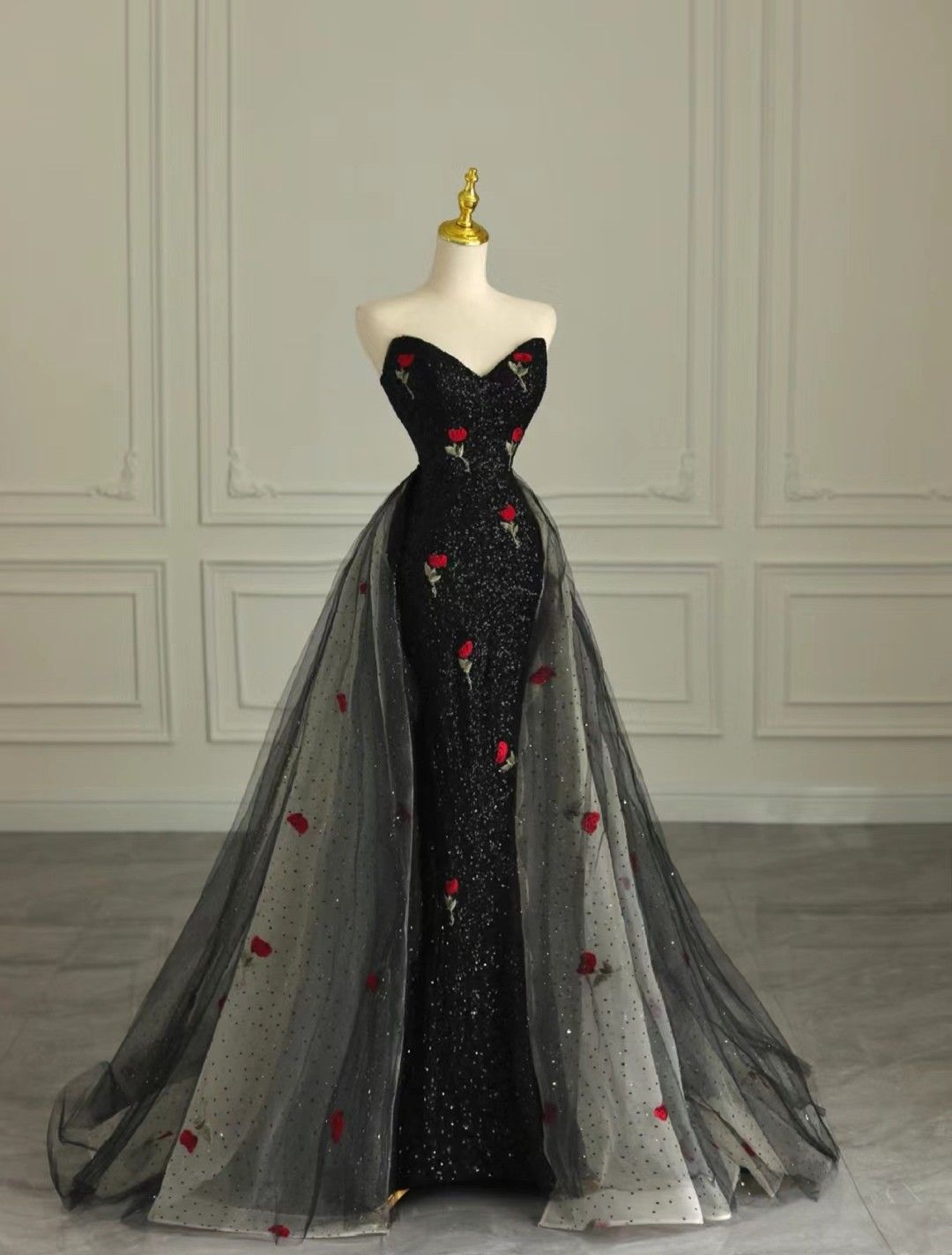 Charming Black Mermaid Strapless Sequin Tulle Without Sleeves Long Prom Dress,Evening Dress GG5341