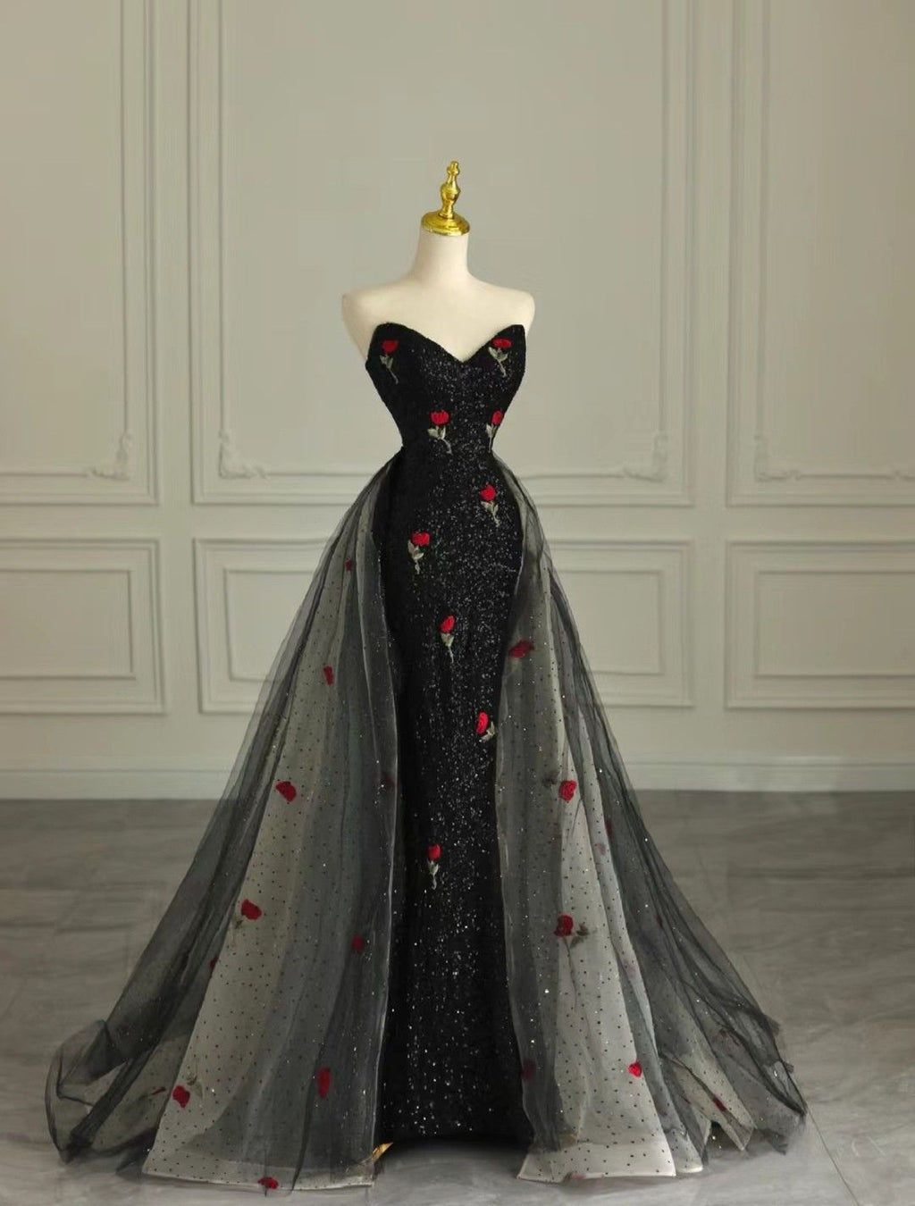 Charming Black Mermaid Strapless Sequin Tulle Without Sleeves Long Prom Dress,Evening Dress GG5341