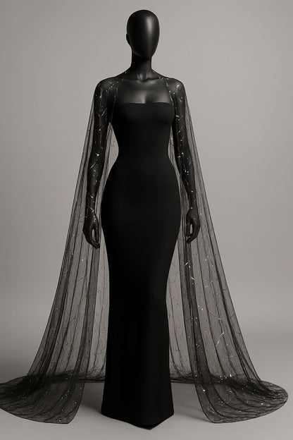 Chic Black Mermaid Strapless Satin With Tulle Cape Without Sleeves Long Prom Dress,Evening Dress GG5342