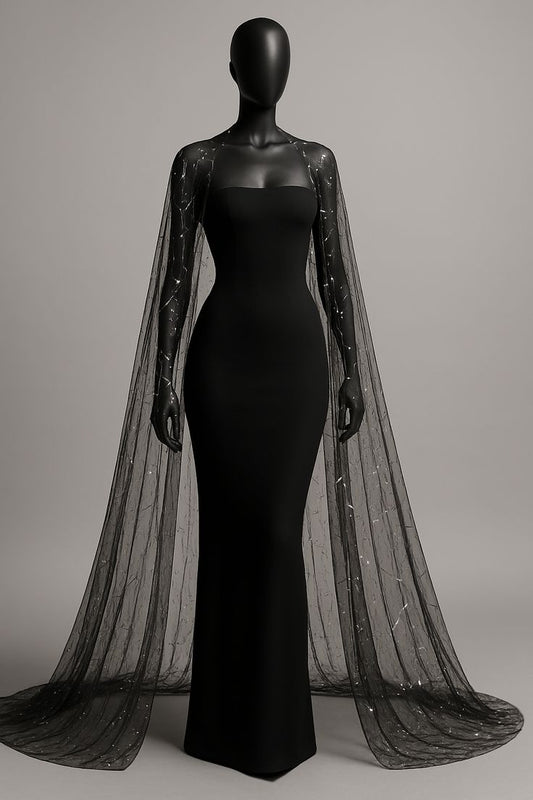 Chic Black Mermaid Strapless Satin With Tulle Cape Without Sleeves Long Prom Dress,Evening Dress GG5342