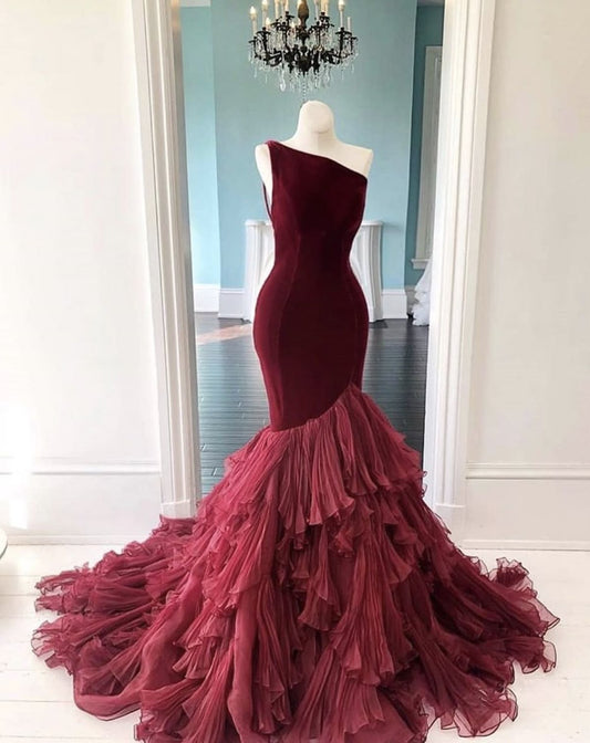 Chic One Shoulder Mermaid Velvet Tulle Without Sleeves Long Prom Dress,Evening Dress GG5343