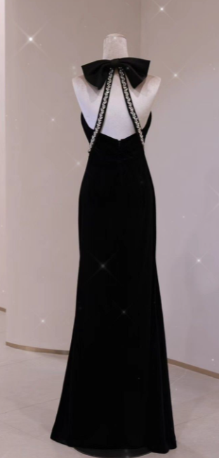 Pretty Black Mermaid Halter Satin Beaded Without Sleeves Long Prom Dress,Evening Dress GG5344
