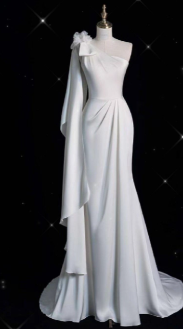 White Elegant Mermaid One Shoulder Satin Without Sleeves Long Prom Dress,Evening Dress GG5345