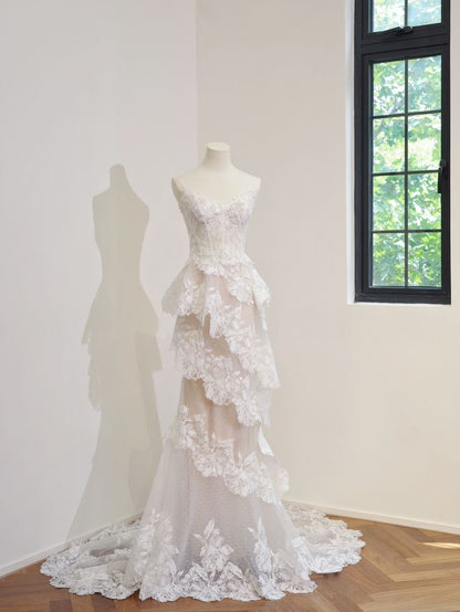 Pretty Mermaid Sweetheart Tiered Tulle Lace Without Sleeves Long Prom Dress,Evening Dress GG5347