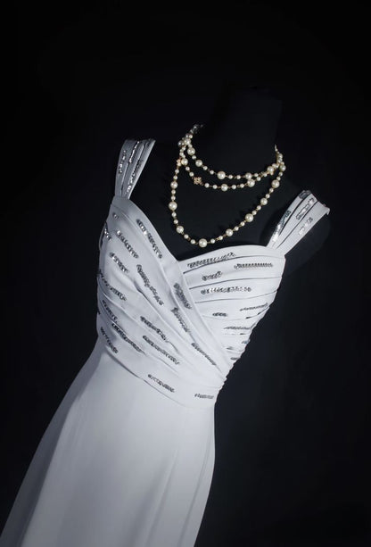 Elegant Mermaid Sweetheart White Pleated Satin Sequin Without Sleeves Long Prom Dress,Evening Dress GG5348