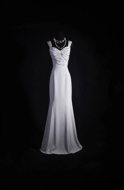 Elegant Mermaid Sweetheart White Pleated Satin Sequin Without Sleeves Long Prom Dress,Evening Dress GG5348