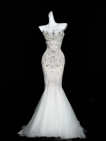 Gorgeous Mermaid Strapless Tulle Sequin Beaded Without Sleeves Long Prom Dress,Evening Dress GG5350