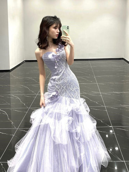 Pretty Lilac Mermaid One Shoulder Tulle Sequin Without Sleeves Long Prom Dress,Evening Dress GG5351