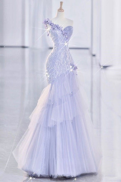 Pretty Lilac Mermaid One Shoulder Tulle Sequin Without Sleeves Long Prom Dress,Evening Dress GG5351