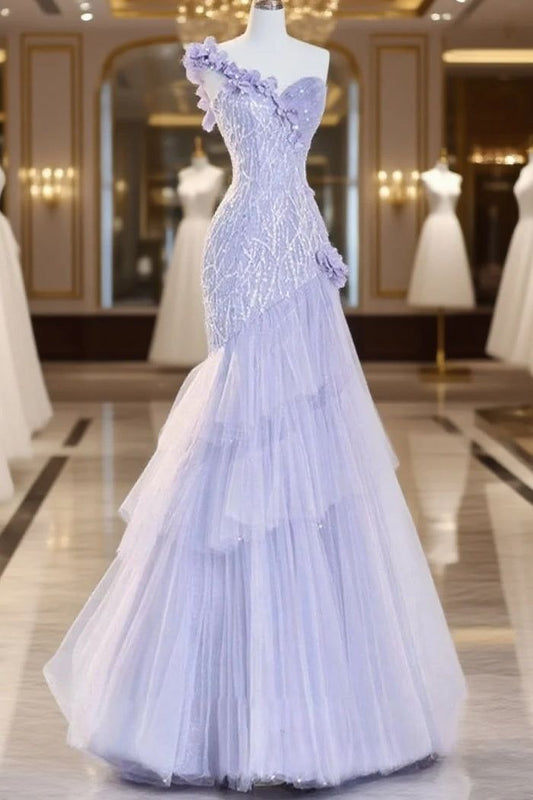 Pretty Lilac Mermaid One Shoulder Tulle Sequin Without Sleeves Long Prom Dress,Evening Dress GG5351