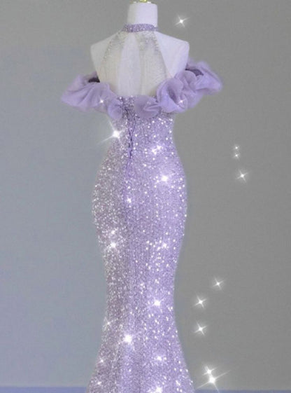 Shiny Lilac Mermaid Halter Sequin Without Sleeves Long Prom Dress,Evening Dress GG5352