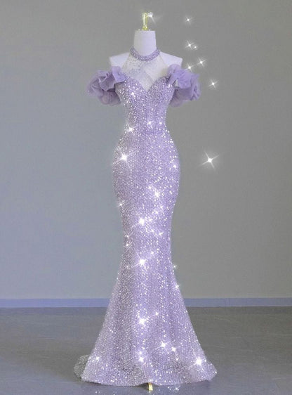 Shiny Lilac Mermaid Halter Sequin Without Sleeves Long Prom Dress,Evening Dress GG5352