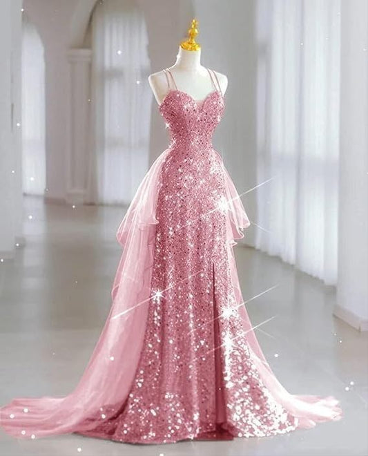 Glitter Mermaid Spaghetti Straps Tulle Sequin Slit Without Sleeves Long Prom Dress,Evening Dress GG5353