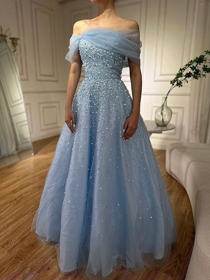 Princess Pale Blue A Line Off The Shoulder Tulle Sequin Without Sleeves Long Prom Dress,Evening Dress GG5354