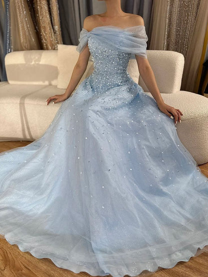 Princess Pale Blue A Line Off The Shoulder Tulle Sequin Without Sleeves Long Prom Dress,Evening Dress GG5354