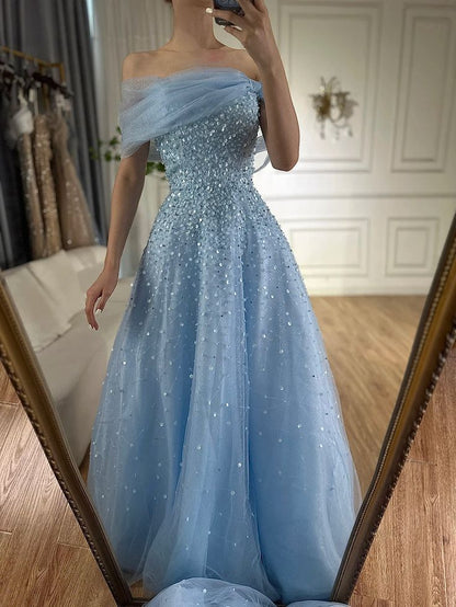 Princess Pale Blue A Line Off The Shoulder Tulle Sequin Without Sleeves Long Prom Dress,Evening Dress GG5354